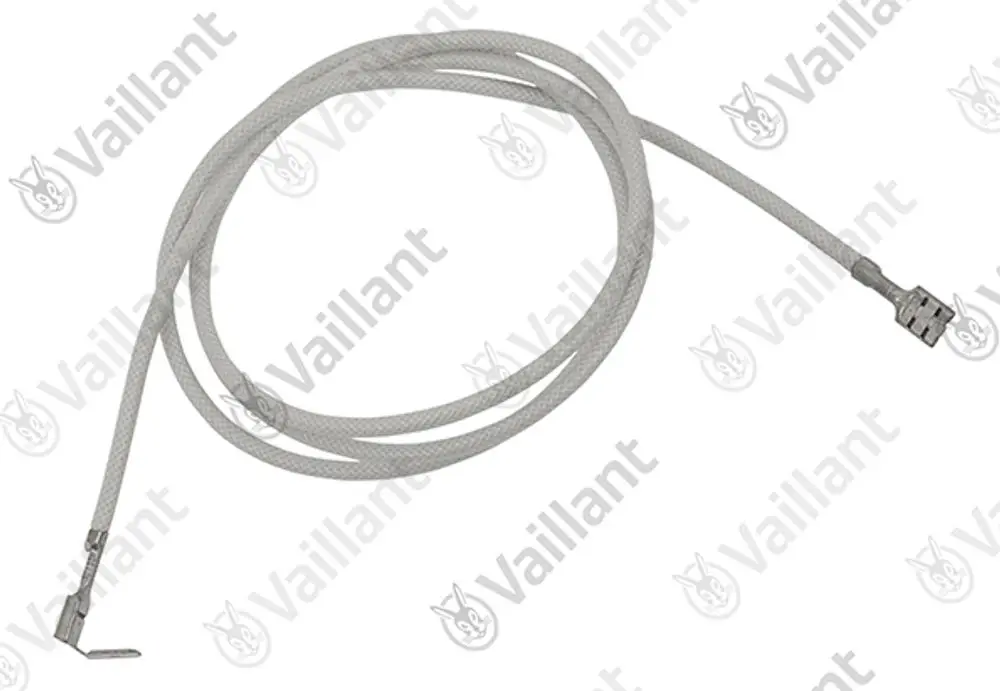 Weißes Kabel mit einem gewickelten Design und zwei unterschiedlichen Anschlussstücken, gekennzeichnet mit dem Logo der Marke Vaillant.